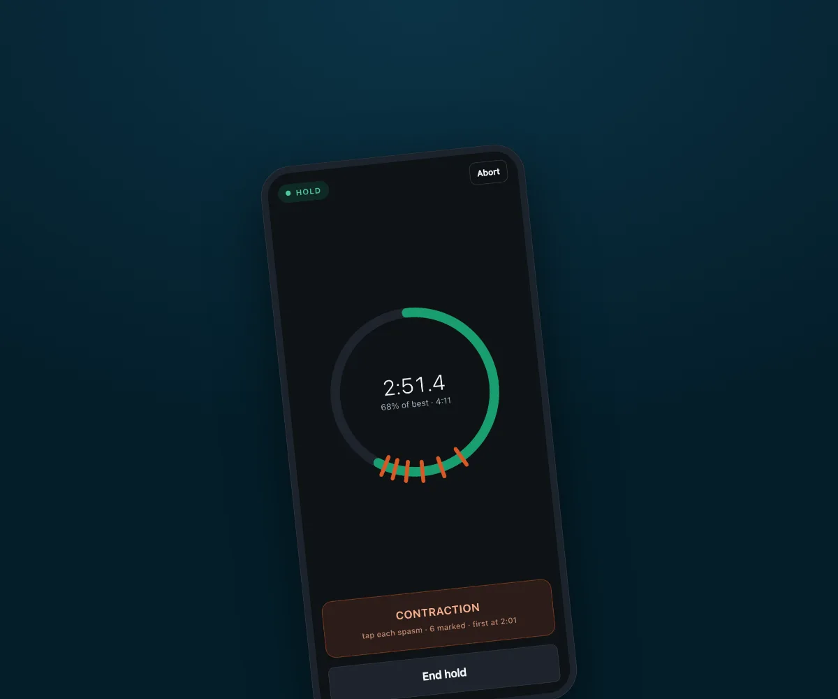 Apnea app during a max hold, with contraction marks on the timer ring