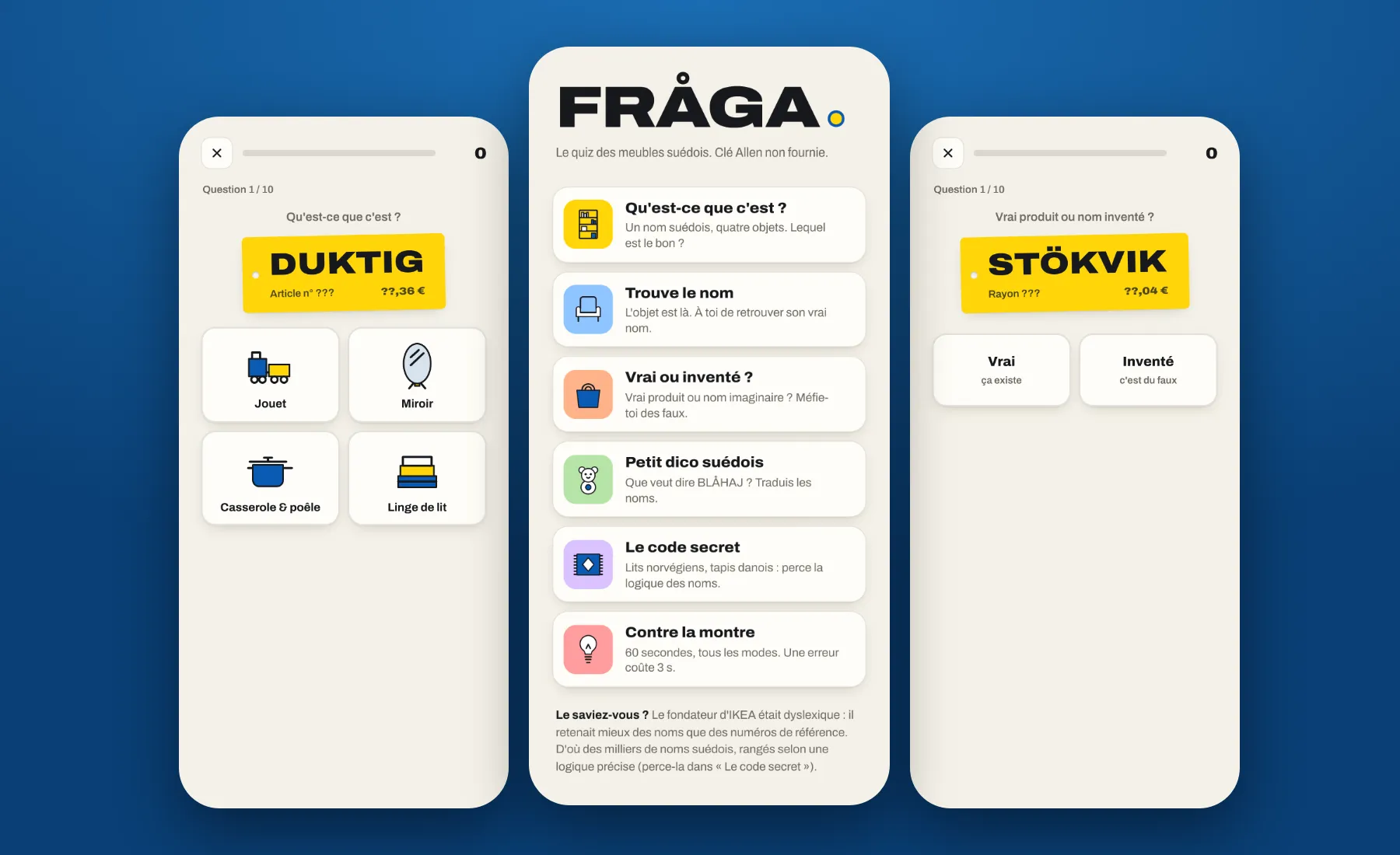 Three screens of IKEA guesser: the menu of game modes, a question asking what DUKTIG is, and a real-or-invented question