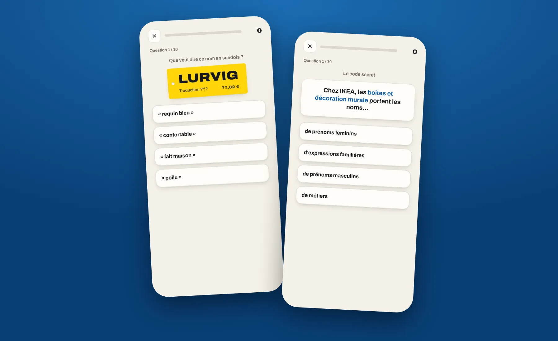 Two screens of the quiz: the Swedish dictionary asking what LURVIG means, and the naming code asking which products get which names