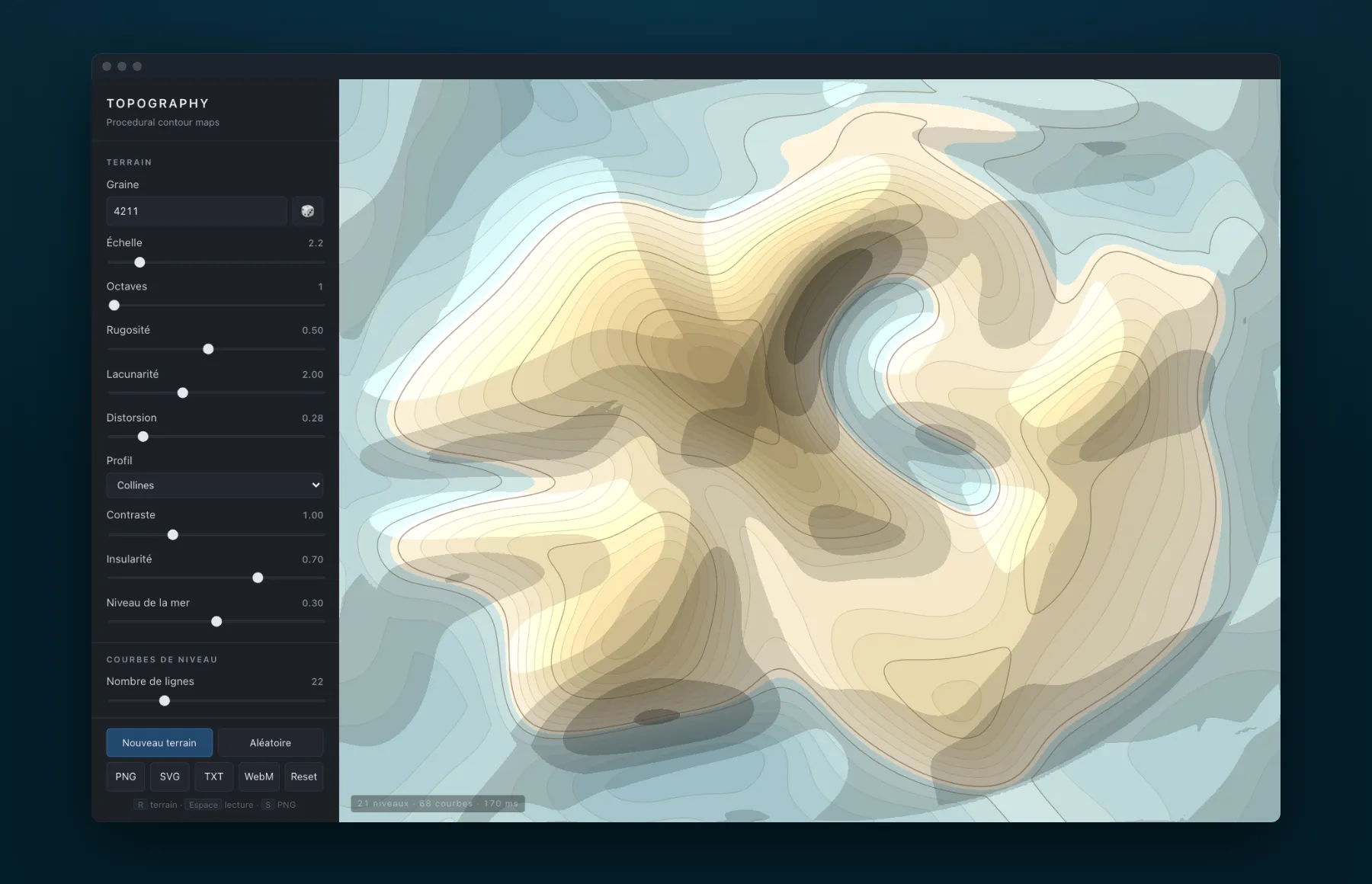 Topography with its settings panel on the left and a sand-coloured island drawn in layered contour lines