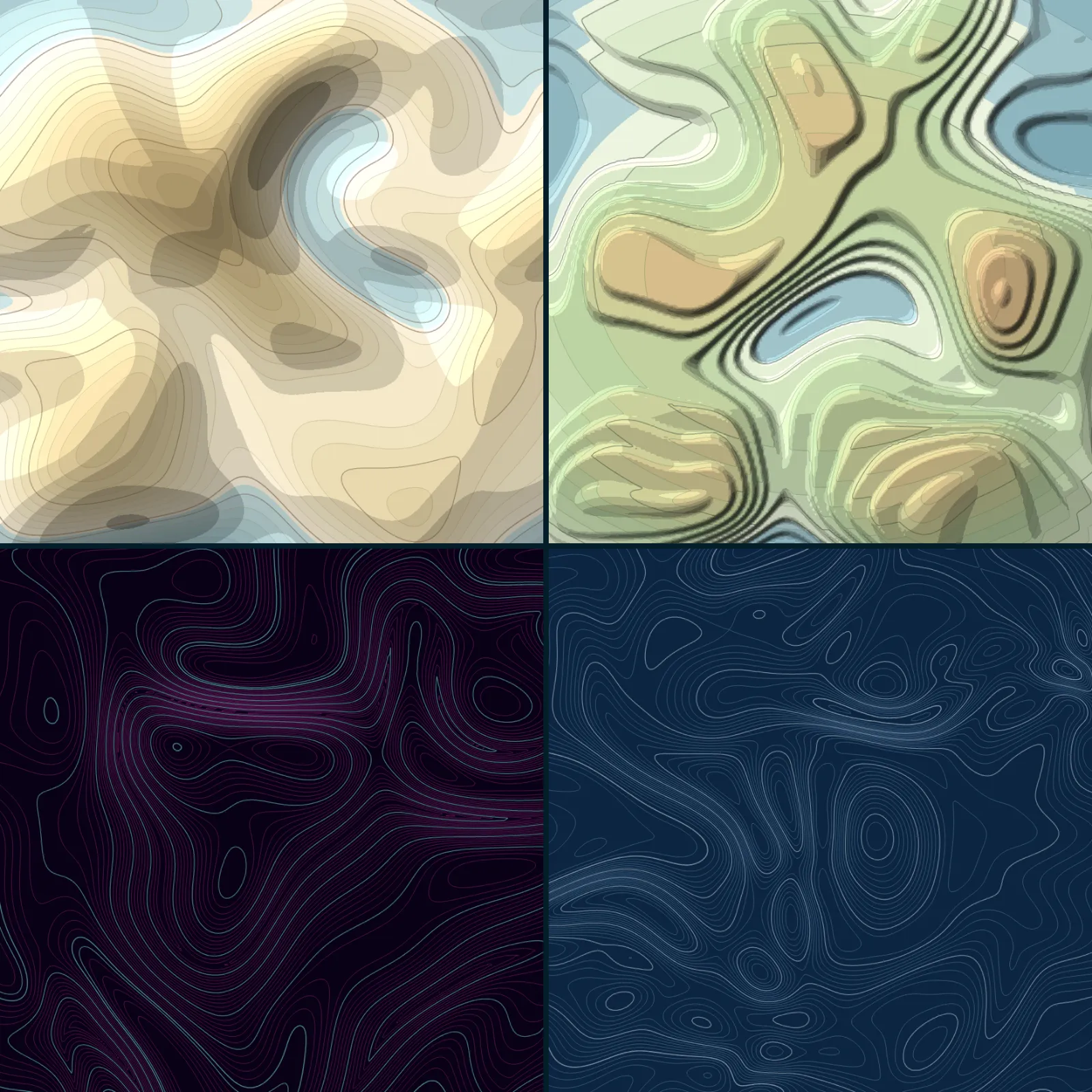 Four maps made with Topography: a paper island, green terraced hills, purple neon lines and a blueprint