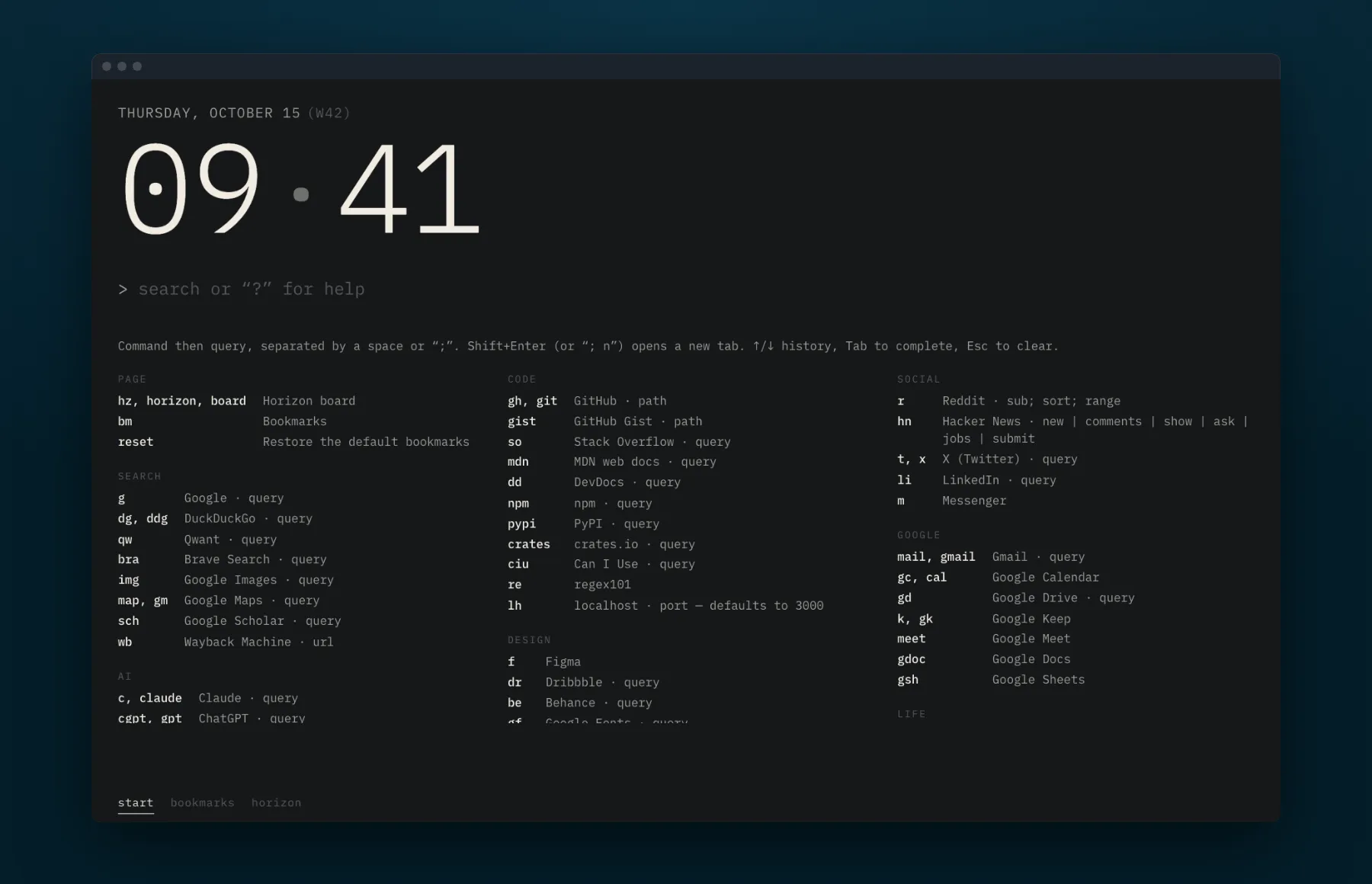 The trmnl start page: date, a large clock, and the help screen listing every command