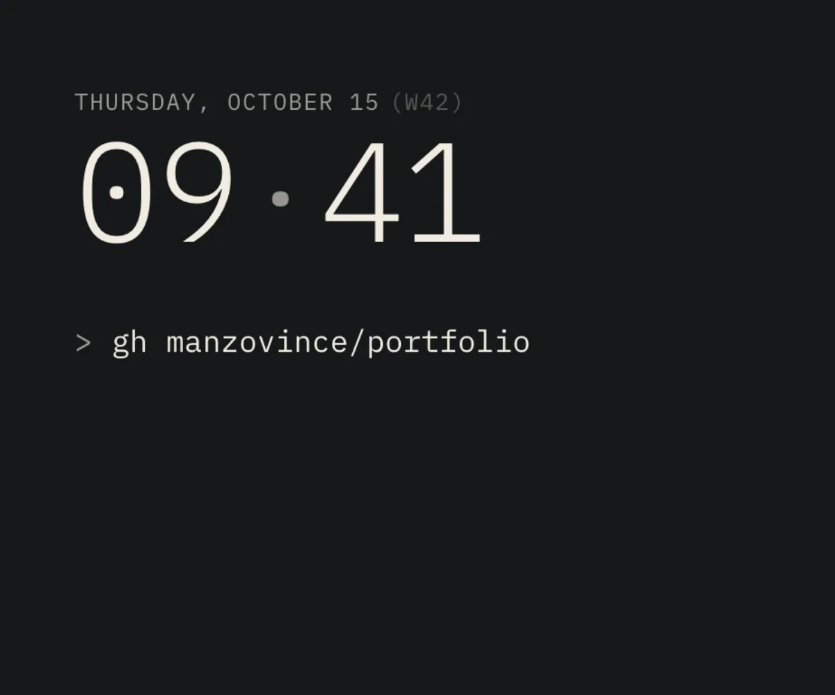 The trmnl start page: date, a large clock and a command typed at the prompt
