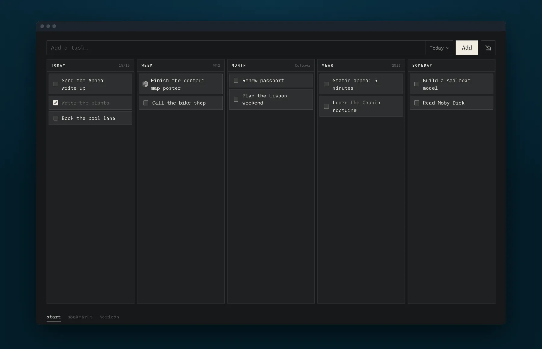 The horizon board with tasks sorted into Today, Week, Month, Year and Someday columns